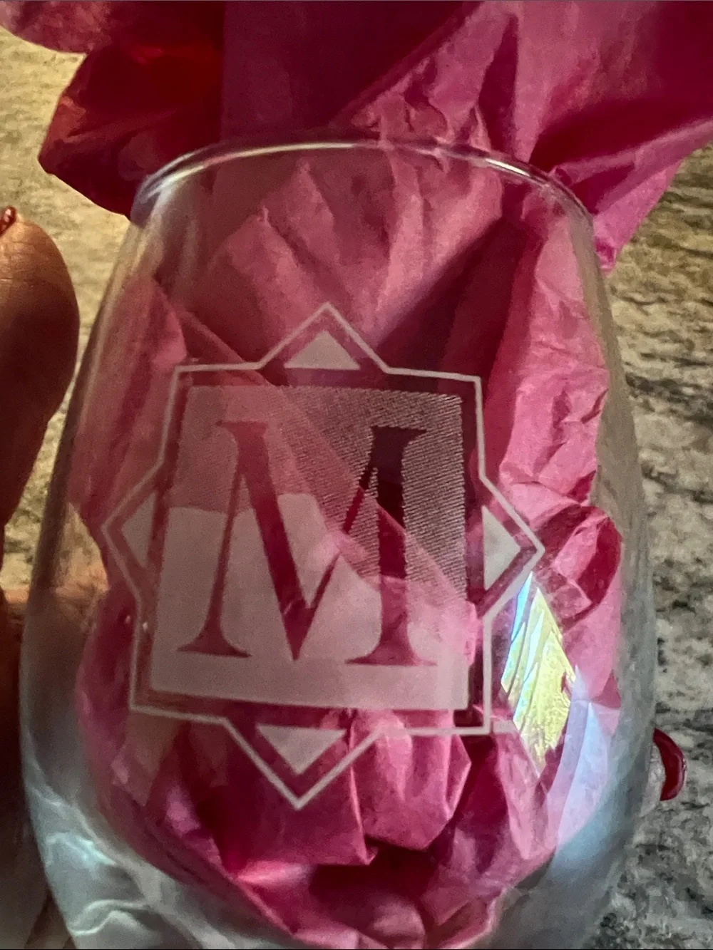 Monogrammed “”M” Stemless Wine Glass EUC